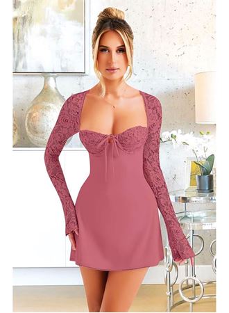 Özel Tasarım Dantel İşlemeli Şık Uzun Bolerolu Fuşya Fantezi Mini Club Elbisesi