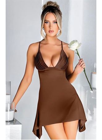 Özel Tasarım İnce Askılı Göğüs Dekolteli Kahverengi Mini Saten Gecelik