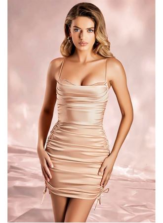 Özel Tasarım İnce Askılı Büzgülü Mini Saten Gecelik