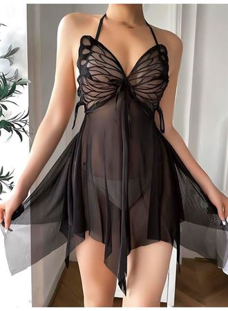 Kelebek Görünümlü Fantezi Tül Siyah Gecelik