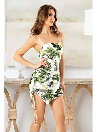 Özel Tasarım Çiçek Desenli İnce Askılı Büzgülü Fantezi Mini Club Elbisesi