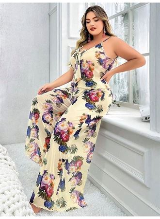 Özel Tasarım Büyük Beden Çiçek Desenli İnce Askılı 2'li Pijama Takımı