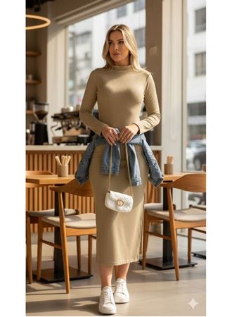 Kadın Uzun Kollu Balıkçı Yakalı Yanlardan Yırtmaçlı Kaşkorse Maxi Elbise