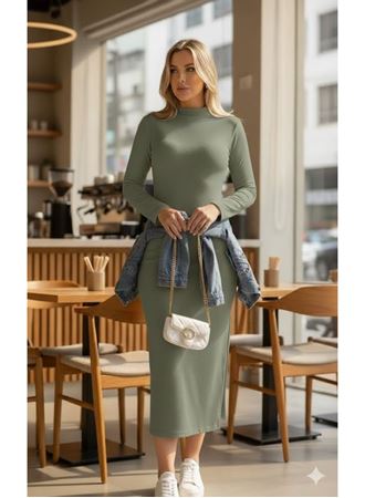 Kadın Uzun Kollu Balıkçı Yakalı Yanlardan Yırtmaçlı Kaşkorse Maxi Elbise