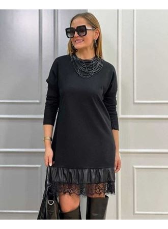 Kadın Uzun Kollu Bisiklet Yaka Etek Ucu Deri Ve Tül Detay Iki Iplik Mini Boy Elbise