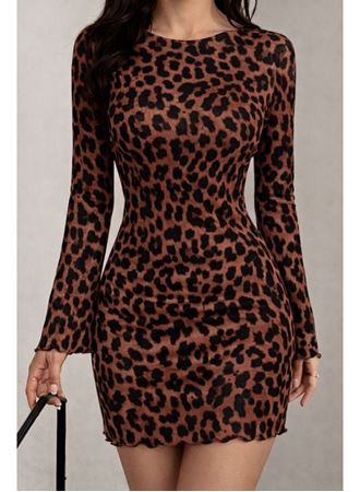 Kadın Uzun Kollu Bisiklet Yaka Leopar Desenli Dalgıç Mini Elbise