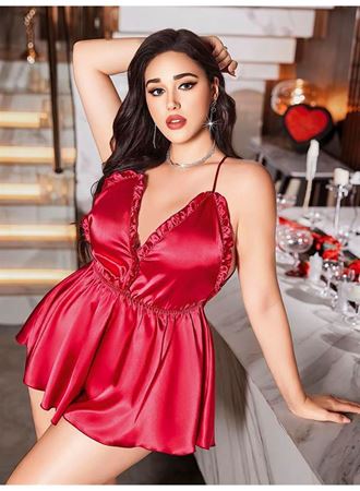 Kırmızı Büyük Beden Saten Babydoll Gecelik
