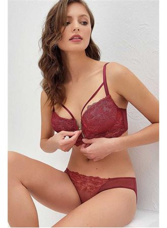 Balenli Destekli Dolgulu Yaka Detaylı Fermuarlı Dantelli Büstiyer Sütyen ve Slip Takım