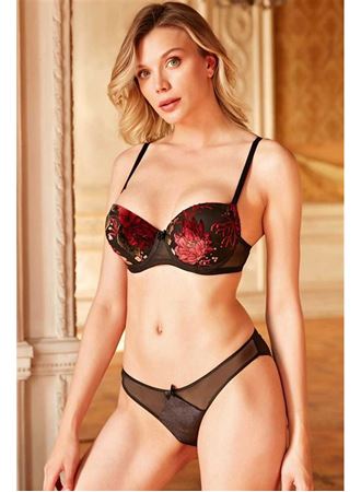 Tül Balenli Destekli Dolgulu Çiçek Baskılı Sütyen ve Slip Takım