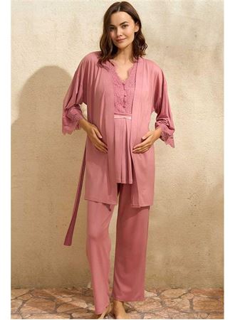 Sıfır Kol V Yaka Kadın Viskon Düz Yazlık Uzun Dantel Detaylı Hamile Pijama Takımı Sabahlık