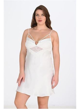 Premium Büyük Beden Saten Dantel İşlemeli Ekru Gecelik Bigsize