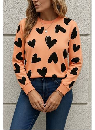 Kadın Uzun Kollu Bisiklet Yaka Kalp Desenli Iki Iplik Bluz