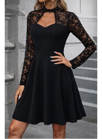 Kadın Uzun Kollu Balıkçı Yaka Dantelli Ithal Krep Kısa Kiloş Elbise