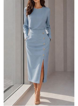 Kadın Uzun Kollu Bisiklet Yakalı Yandan Yırtmaçlı Düğmeli Midi Ithal Krep Elbise