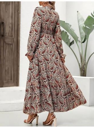 Kadın Uzun Kollu V Yakalı Beli Lastikli Desenli Süprem Elbise