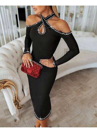 Kadın Omuzlardan Açık Boyundan Geçmeli Damla Detaylı Taşlı Midi Dalgıç Elbise