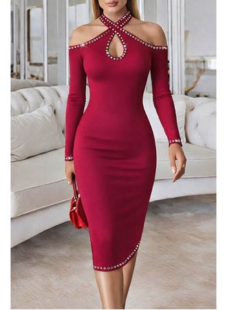 Kadın Omuzlardan Açık Boyundan Geçmeli Damla Detaylı Taşlı Midi Dalgıç Elbise