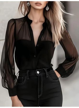 Kadın Uzun Kollu Hakim Yakalı önden Düğmeli Tül Detaylı Trikoton Gömlek