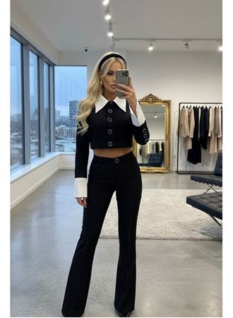 Kadın Gömlek Detay çixgili Ceket Ve Bol Paça Pantolon Ikili Takım