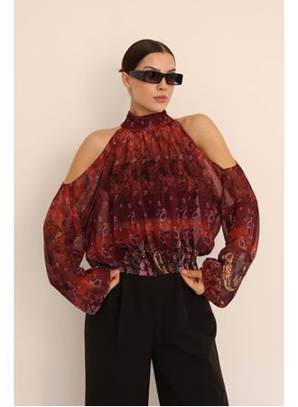 Kadın Halter Yaka Full Transparan Omuz Dekolteli Bluz