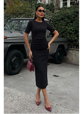 Beli Büzgülü Midi Elbise 2853