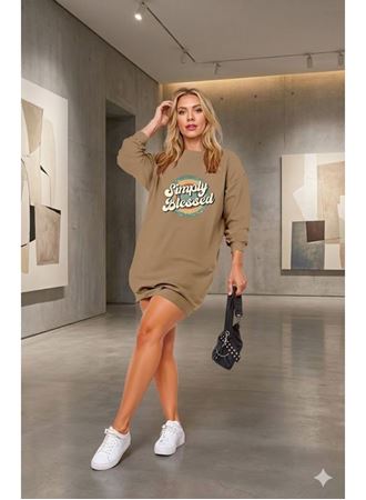 Kadın Uzun Kollu Bisiklet Yaka Yazılı Viskon Iki Iplik Elbise