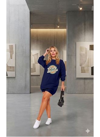 Kadın Uzun Kollu Bisiklet Yaka Yazılı Viskon Iki Iplik Elbise