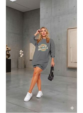 Kadın Uzun Kollu Bisiklet Yaka Yazılı Viskon Iki Iplik Elbise