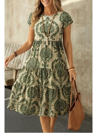 Kadın Kısa Kollu Bisiklet Yaka Desenli Fırfırlı Süprem Elbise