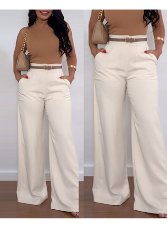 Kadın Yüksek Bel Geniş Paça Detaylı Cepli Ithal Krep Pantolon