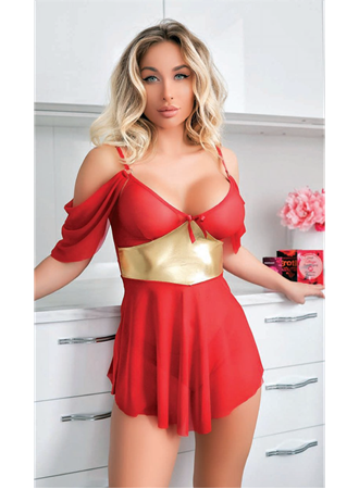 Sarı Kuşak Detaylı Fantezi Kırmızı Gecelik