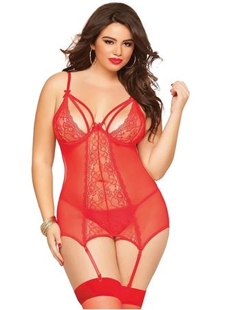 Büyük Beden Kırmızı Dantel İşlemeli Göğüs Dekolteli Fantezi Jartiyer Takımı