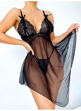 Dantel İşlemeli Kurdelalı Fantezi Siyah Gecelik Takımı