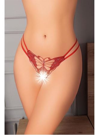 Özel Bölgesi Açık Kelebek İşlemeli Fantezi Desenli Taşlı Kiremit Tanga String