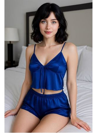 İnce Askılı Mavi Saten Şortlu Takım