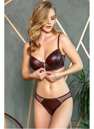 Kadın Deri Görünümlü Balenli Destekli Dolgulu Askıları Çıkabilen Ortası Fermuarlı Büstiyer Sütyen ve Slip Takım (4734)
