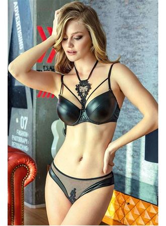 Kadın Deri Görünümlü Balenli Destekli Dolgulu Askıları Çıkabilen Yaka Detaylı Çıkabilen Yaka Aksesuarlı Sütyen ve Slip Takım (4730)