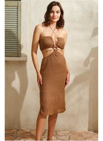 İp Askılı V Yaka Kadın Düz Yazlık Uzun Boncuk Detaylı Elbise Anıl 5752