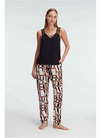 Sıfır Kol V Yaka Kadın Viskon Geometrik Yazlık Uzun İp Detaylı Pijama Takımı Anıl 9804
