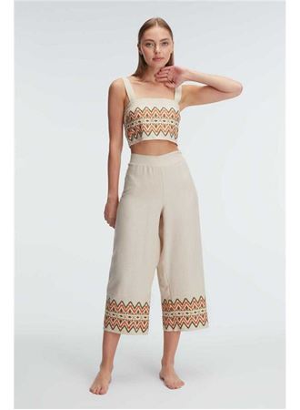 Kalın Askılı Oyuk U Yaka Kadın Geometrik Yazlık Uzun Nakış Detaylı Pijama Takımı Anıl 9822