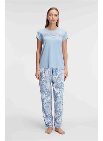Anıl 9885 Kısa Kol Bisiklet Yaka Kadın Viskon Çiçek Desenli Yazlık ÖRME Dantel Detaylı Pijama Takımı