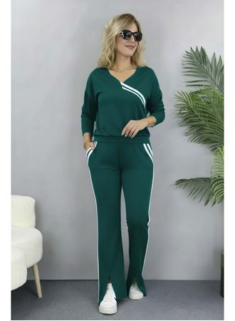 Kadın Uzun Kollu V Yakalı şerit Detaylı Viskon Iki Iplik Bluz Ve Pantolon Ikili Takım