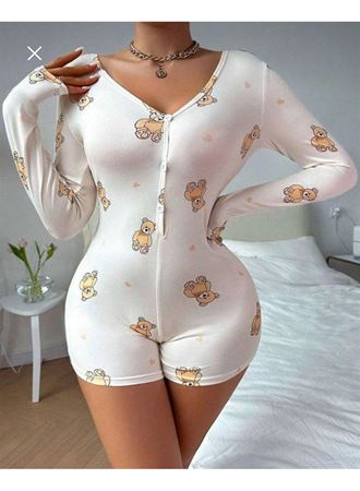 Pamuklu Beyaz Ayıcık Desenli Düğmeli Uzun Kol Tulum Pijama