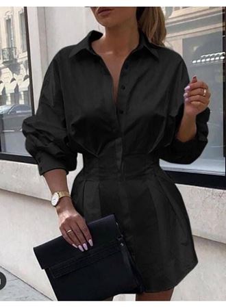 Kadın Pamuk Polyester Kumaş Belden Pileli Gömlek Elbise