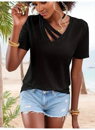 Kadın Kısa Kollu V Yaka şerit Detay Viskon Bluz