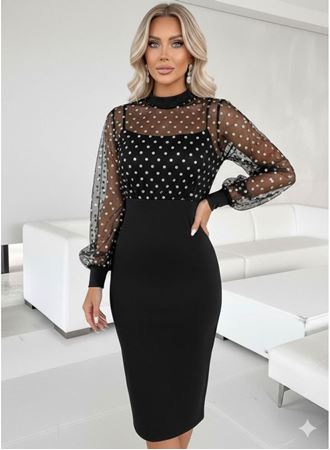 Kadın Balıkçı Yaka Puantiyeli Tül Detay Midi Boy Elbise