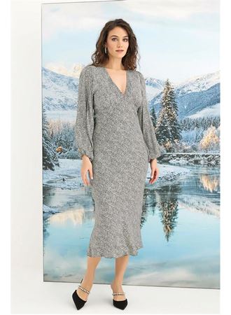 %100 Viskon Desenli Uzun Kollu Saten Elbise