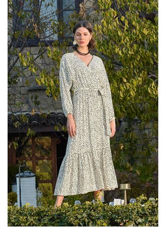 %100 Viskon Puantiye Desenli Kuşaklı Elbise