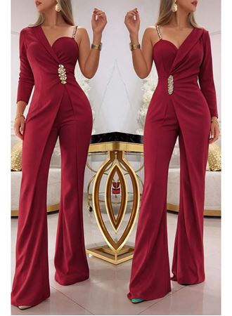 Kadın Tek Omuzdan Askılı Uzun Kollu Yakalı Yandan çiçek Aksesuar Detaylı Ithal Krep Tulum