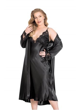 Büyük Beden Siyah Uzun İkili Saten Sabahlık Gecelik Takımı